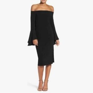 BARDOT Black Solange Off Shoulder Long Bell Flare Sleeve Cocktail Midi Dress xs